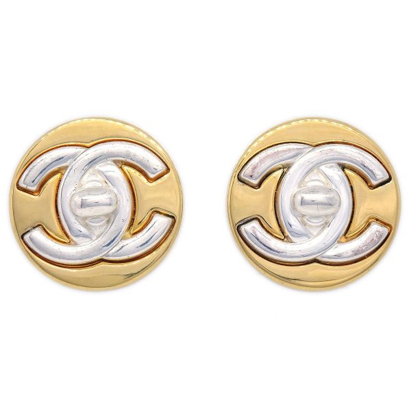 CHANEL 1997 Silver & Gold CC Turnlock Earrings Medium 13236 Online