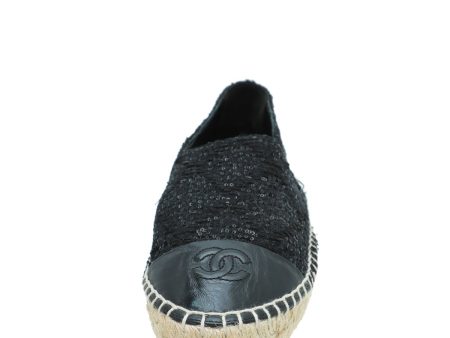 Chanel Black CC Cap Toe Sequin Tweed Espadrille 38 on Sale