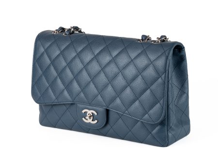 Chanel Navy Blue Caviar Jumbo Classic w  Silver Hardware Online Sale