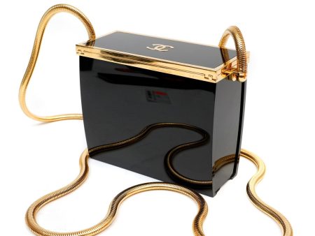 Chanel Black Lucite Box Purse w  24kt Gold Plated Strap on Sale