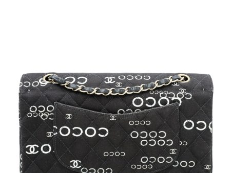 Chanel Black Coco Print Double Flap Medium Bag Cheap