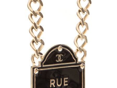 Chanel 2015 Black and Gold Name Plate Rue Cambon Necklace on Sale