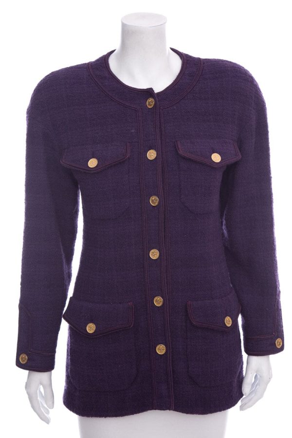 Chanel Boutique Purple Tweed Button Up Jacket SZ 40 For Cheap