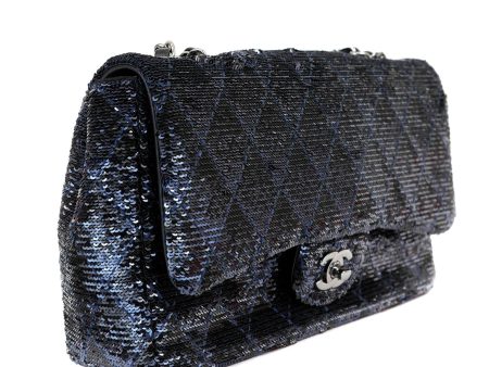 Chanel Black Navy Sequin Classic Flap Bag w  Silver Hardware on Sale