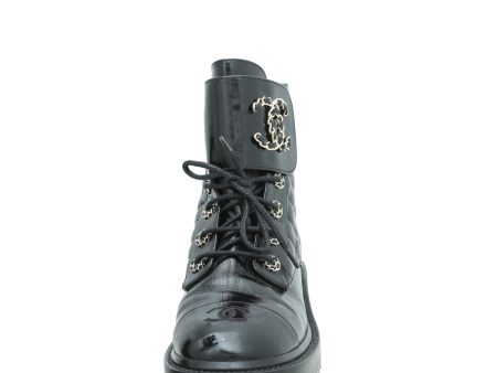 Chanel Black CC Shiny Lace Up Combat Boots 40.5 For Sale