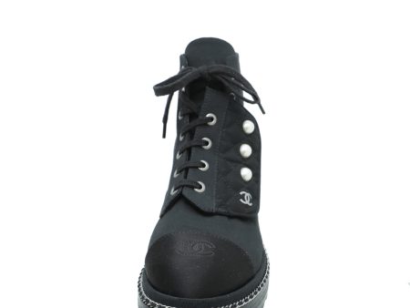 Chanel Black CC Fabric Pearl Combat Short Boots 37.5 For Discount