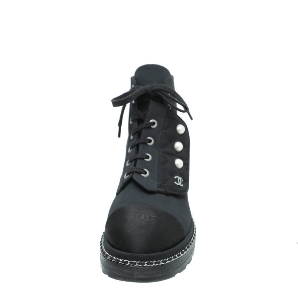 Chanel Black CC Fabric Pearl Combat Short Boots 37.5 For Discount