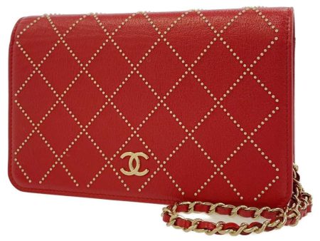 CHANEL Studded Chain Wallet Red AP0023 Leather Fashion