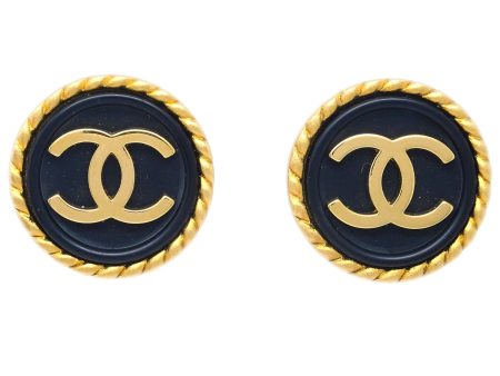 Chanel Button Earrings Clip-On Black Gold Cheap