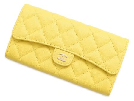 CHANEL Matelasse Classic Long Flap Wallet Yellow AP0241 Caviar Leather Online now