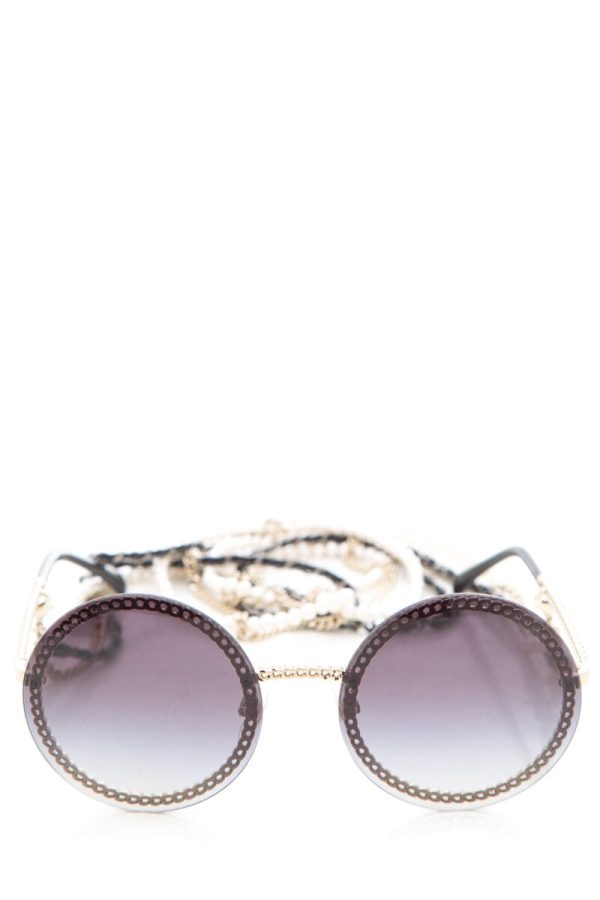 Chanel Black Round Pearl Chain Detail Sunglasses For Discount