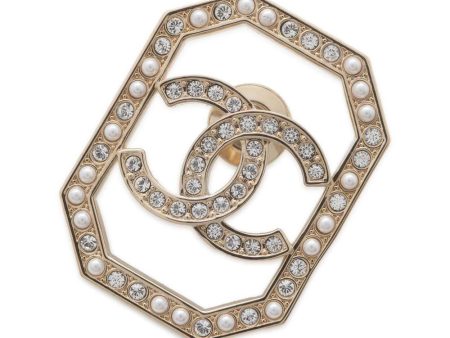 CHANEL CC Logo Faux Pearl Brooch Champagne Gold Gold Plated Cheap