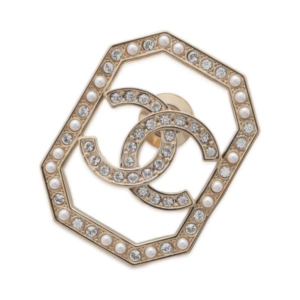 CHANEL CC Logo Faux Pearl Brooch Champagne Gold Gold Plated Cheap