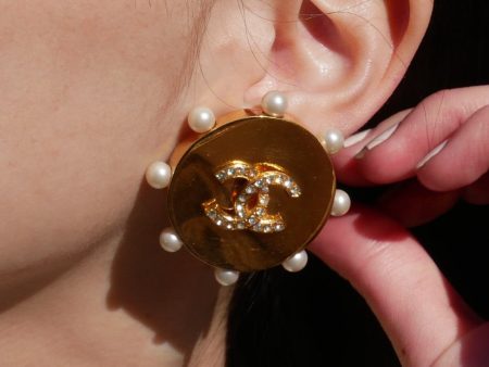 CHANEL 1980s Faux Pearl & Crystal CC Earrings 43521 For Discount