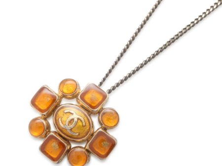 CHANEL CC Logo Clypore Necklace Orange Silver Metal Cheap