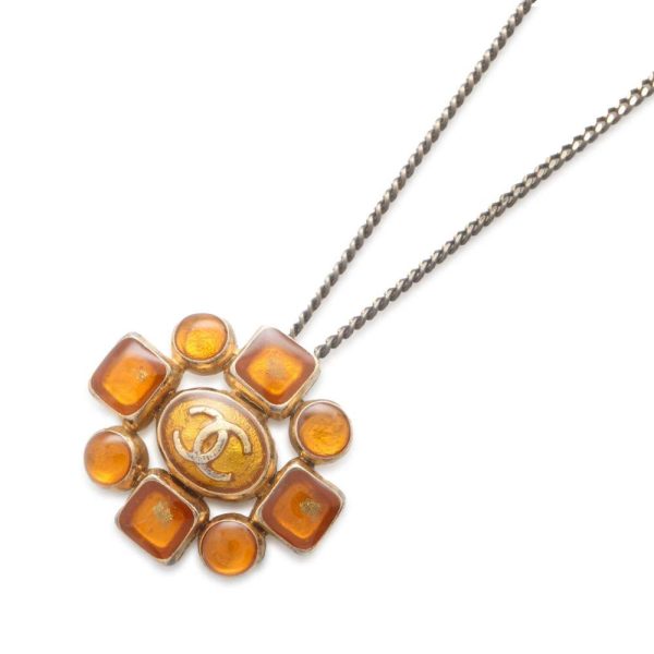 CHANEL CC Logo Clypore Necklace Orange Silver Metal Cheap