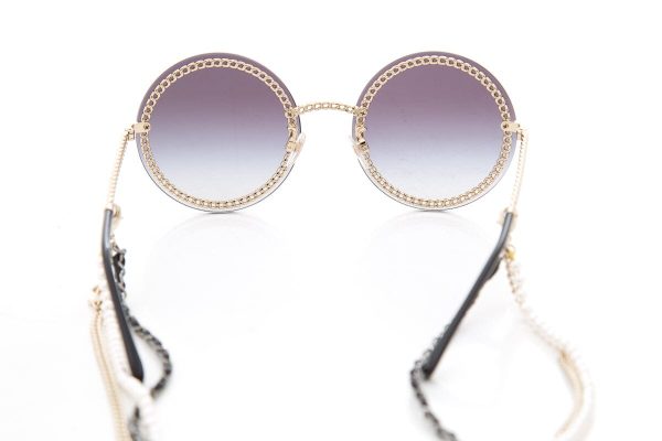 Chanel Black Round Pearl Chain Detail Sunglasses For Discount