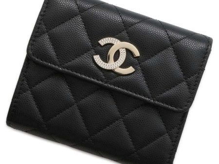 CHANEL Matelasse Rhinestone CC Logo Tri-Fold Wallet Black AP4175 Caviar Leather Sale