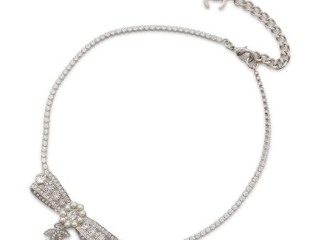 CHANEL CC Logo Ribbon Motif Necklace ABB038 Metal Faux Pearl  Rhinestone Discount