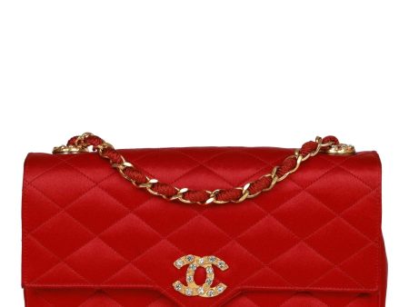 Vintage Chanel Small Flap Bag Red Satin Gold Hardware Online now