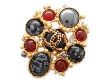 CHANEL CC Logo Color Stone Brooch Gold Black Red Metal Online