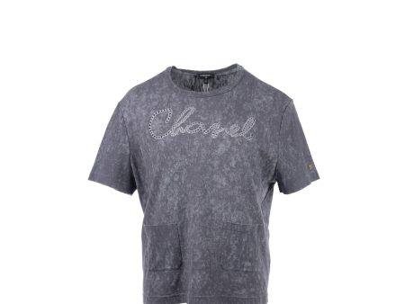 Chanel Size 42 44 20S Signature Logo with Crystal CC Logo Plaque T-shirt Cotton Gray For Cheap