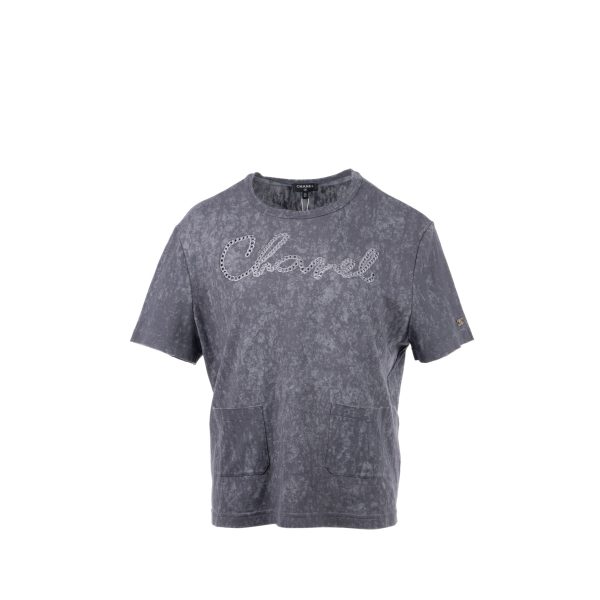 Chanel Size 42 44 20S Signature Logo with Crystal CC Logo Plaque T-shirt Cotton Gray For Cheap