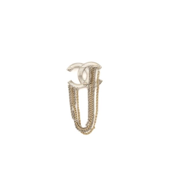 Chanel Chains Drop CC Logo Brooch Crystal Silver Light Gold Tone Cheap