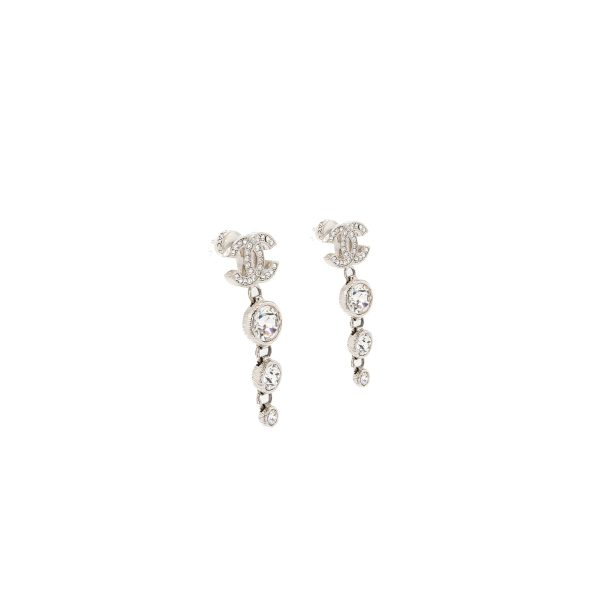 Chanel CC Logo Crystal Drop Earring Silver Tone Online now