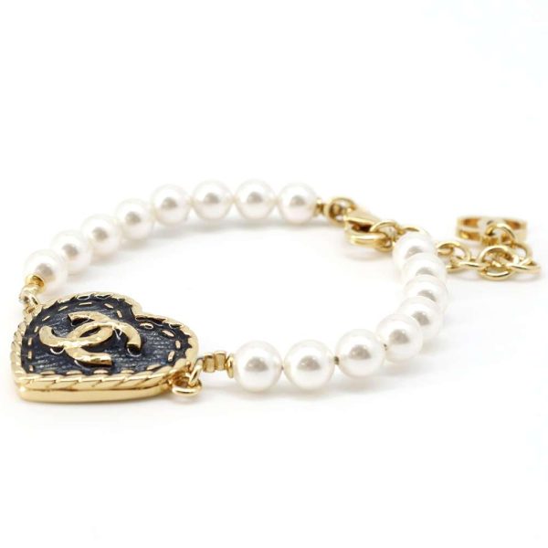 CHANEL CC Logo Heart Bracelet Gold Blue ABC724 Metal Faux Pearl For Sale