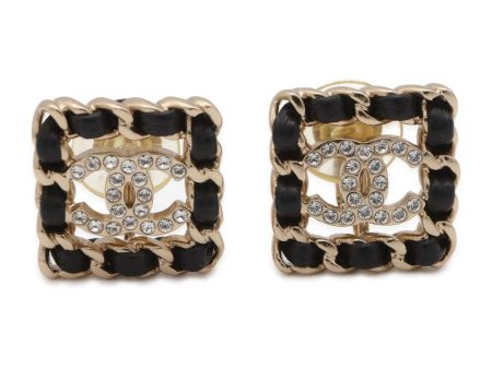 CHANEL CC Logo Earring Gold Black Gold Plated Rhinestone Cheap