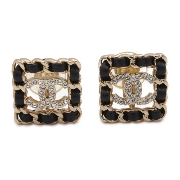 CHANEL CC Logo Earring Gold Black Gold Plated Rhinestone Cheap