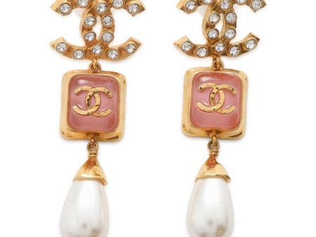 CHANEL CC Logo Swing Earrings Gold Metal Rhinestone Strass Faux Pearl Discount