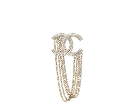 Chanel Chains Drop CC Logo Brooch Crystal Silver Light Gold Tone Cheap