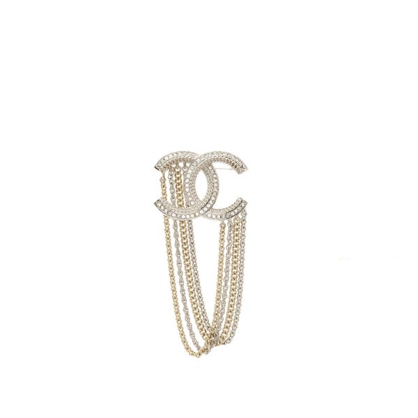 Chanel Chains Drop CC Logo Brooch Crystal Silver Light Gold Tone Cheap