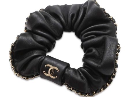 CHANEL CC Leather Chain Hair Scrunchie Black AA7491 Leather Sale