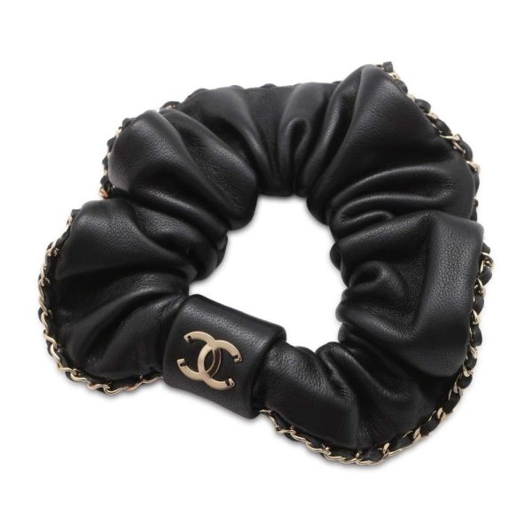 CHANEL CC Leather Chain Hair Scrunchie Black AA7491 Leather Sale