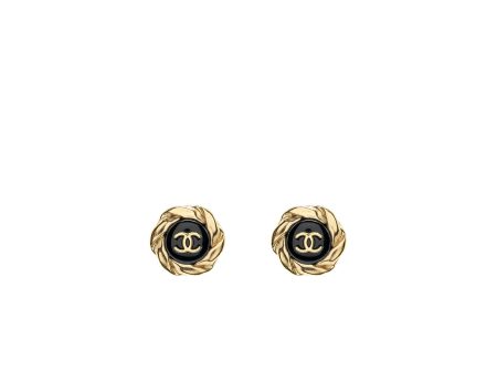 Chanel CC logo with round flower earrings black gold tone Supply