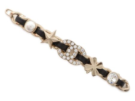 CHANEL CC Logo Clover Star Barrette Hairpin Rhinestone Faux Pearl  Gold Plated Fashion