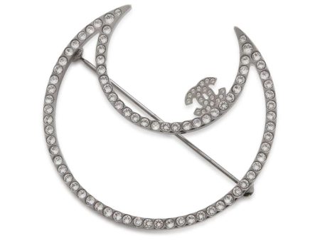 CHANEL Brooch Moon Motif Rhinestone Silver Metal Discount