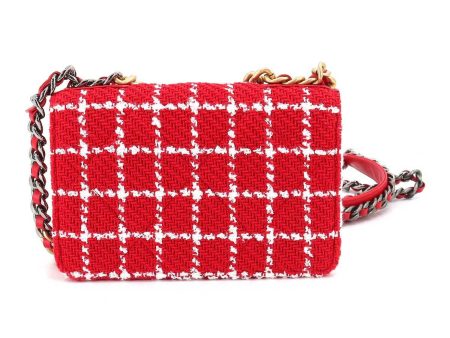 CHANEL 19 Chain Wallet Long Tweed Leather Red White Check AP3267 Sale