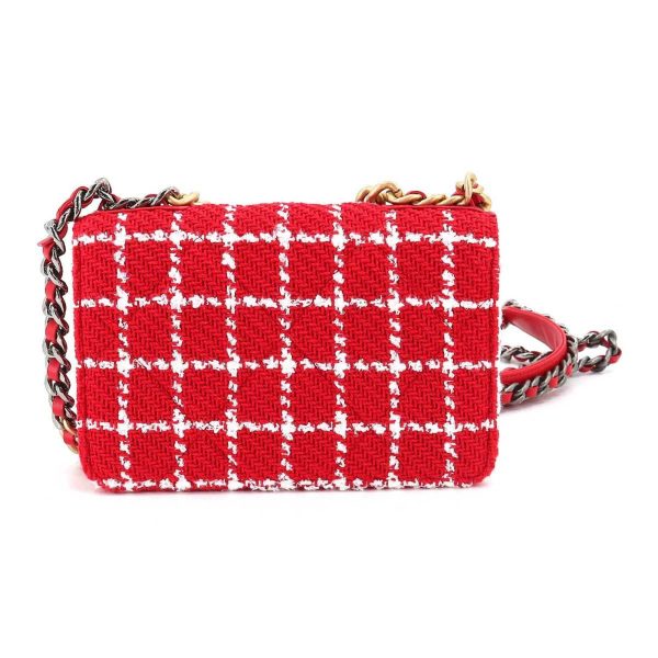 CHANEL 19 Chain Wallet Long Tweed Leather Red White Check AP3267 Sale