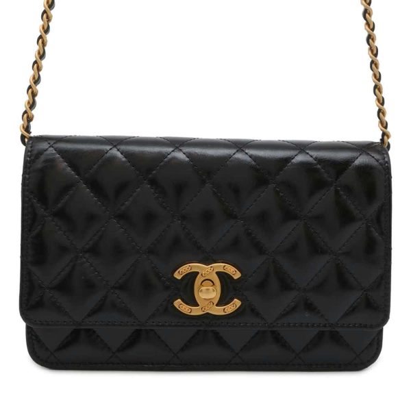 CHANEL Matelasse Chain wallet Black Shiny Lambskin Hot on Sale