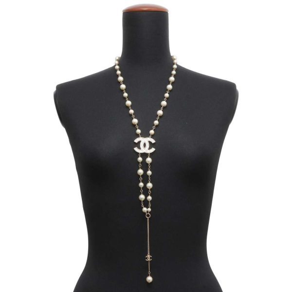 CHANEL CC Logo Long Necklace Champagne Gold Metal Faux Pearl For Cheap