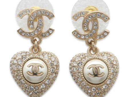 CHANEL CC Logo Heart Swing Earrings Gold AB9398 Metal Rhinestone Faux Pearl Hot on Sale