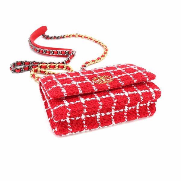 CHANEL 19 Chain Wallet Long Tweed Leather Red White Check AP3267 Sale