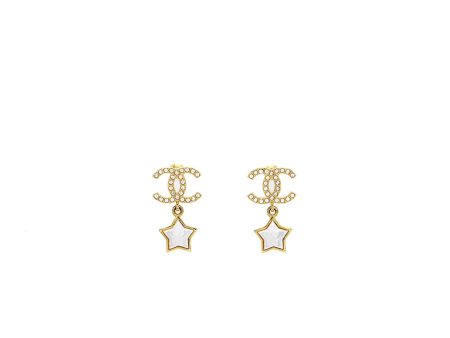 Chanel CC Logo Star Dropped earrings Pearl Crystal Gold Tone on Sale