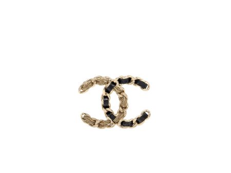 Chanel cc logo brooch leather metal light gold tone on Sale