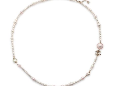 CHANEL CC Logo Long Necklace Metal Faux Pearl For Sale