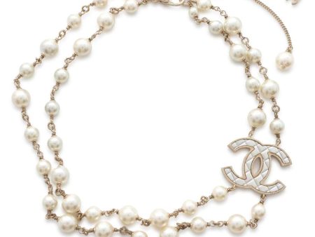 CHANEL CC Logo Long Necklace Champagne Gold Metal Faux Pearl For Cheap